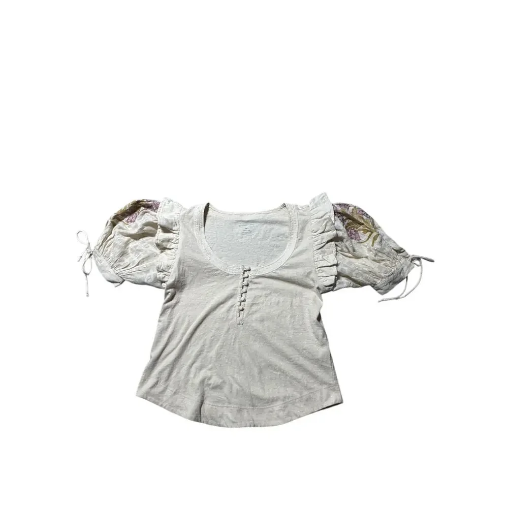 NWT By Anthropologie Embroidered Puff-Sleeve Blouse Top Womens M Cream Ruffled